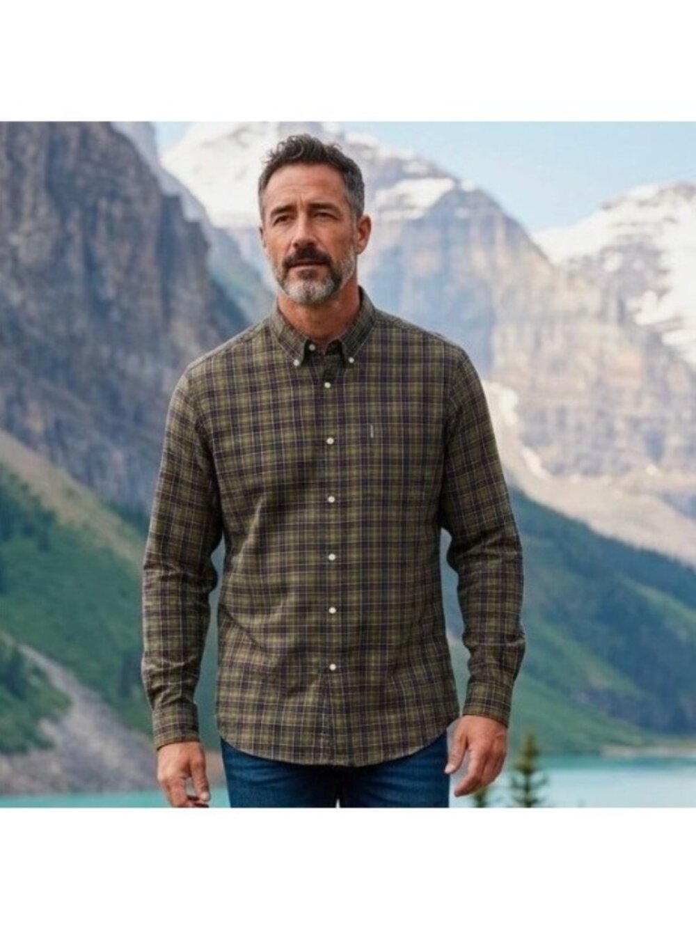 Barbour Shirt Men's Large Green Tartan Plaid Long Sleeve Button Down Regular Fit